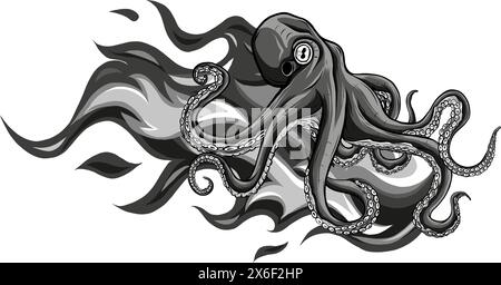 vector illustration Deep Sea Octopus with flames Monochrome Stock Vector