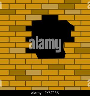 Broken brick wall. Yellow brown bricks. Vector damaged structure. Empty hole illustration. Stock Vector