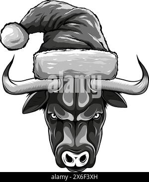 vector illustration of monochrome Cow with christmas hat Stock Vector
