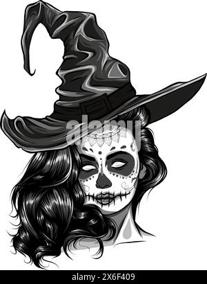 monochrome beautiful witch in a classic hat Stock Vector