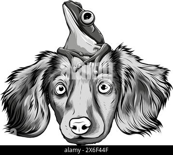 vector illustration of monochrome dog and frog cartoon Stock Vector