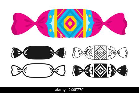 Candy with ornament wrapped sign set. Sweets bonbon lollipop chocolate, caramel candies snack flat silhouette, icon linear design. Simple lolly symbol childish party. Wrapped caramel yummy vector Stock Vector