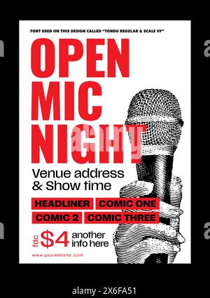 Open mic night or stand up comedy show poster or flyer or banner design template with hand holding opened microphone on white background. Vector Stock Vector