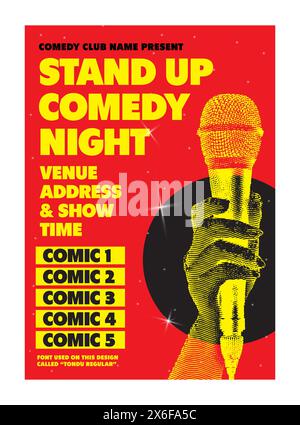 Open mic night or stand up comedy show poster or flyer or banner design template with hand holding opened microphone on white background. Vector Stock Vector
