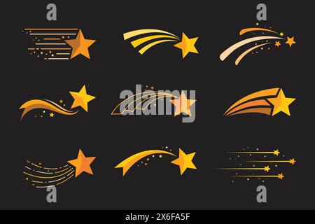 Set of shooting stars with light trails behind them Stock Vector