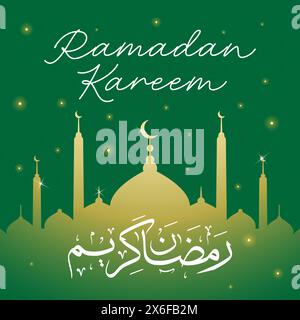Ramadan kareem in arabic calligraphy greetings with islamic moque and decoration, translated "happy ramadan" you can use it for greeting card, social Stock Vector