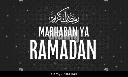 Ramadan Kareem calligraphy, islamic greeting with arabic letters and geometric pattern vector illustration on black background, Ramadhan mubarak Stock Vector