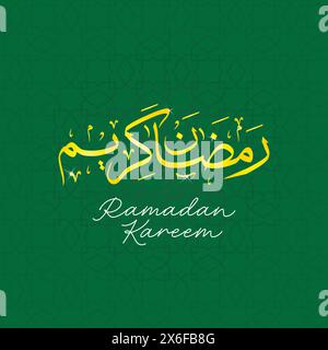 Ramadan Kareem or Ramadhan Mubarak greeting, with green background and islamic symbol mosque with arabic calligraphy, vector Stock Vector