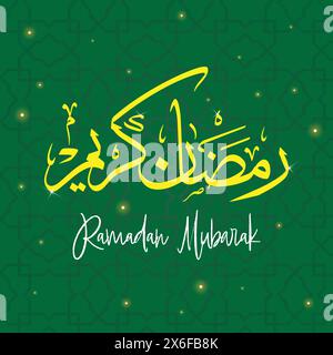 Ramadan Kareem arabic calligraphy greeting design, islamic style mosque dome with stars and green background, beautiful banner, flyer or social media Stock Vector