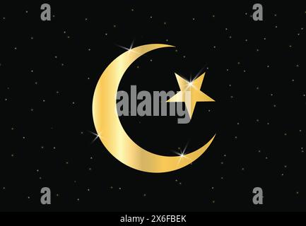 The star and crescent moon symbol of islam islamic icon for mosque or Ramadan banner, with night sky vector, gold shiny stars Stock Vector