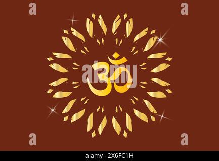 Beautiful Glowing Om or ohm or rum, with mandala in gold color shades for wall of Temples, Houses and for interior works etc. Hindu or hinduism symbol Stock Vector