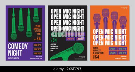 Open mic night poster, stand up comedy show poster or flyer or banner design, flyer template with microphone and bright elements, three set of posters Stock Vector