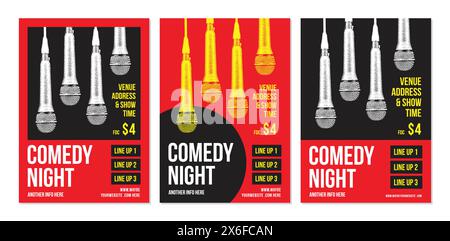 Open mic night poster, stand up comedy show poster or flyer or banner design, flyer template with microphone and bright elements, three set of posters Stock Vector
