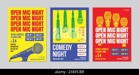 set of Open Mic Night posters, modern and elegant design, indie, live performance comedy show, stand up comedy poster, colorful palette Stock Vector
