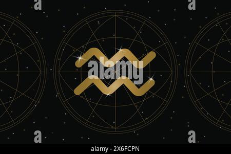 Aquarius Horoscope Symbol, Astrology Icon, Aquarius is the eleventh astrological sign in the zodiac. with stars and galaxy background Stock Vector