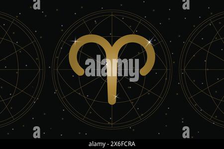 Aries Horoscope Symbol, Astrology Icon, Aries is the first astrological sign in the zodiac. with stars and galaxy background Stock Vector