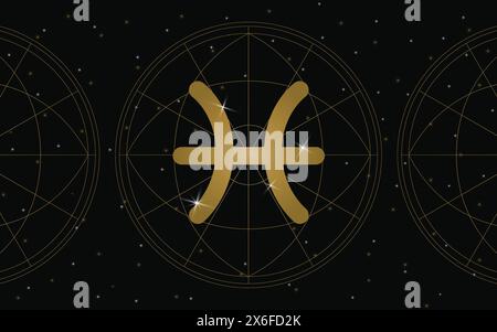 Pisces Horoscope Symbol, Astrology Icon, Pisces is the twelfth and final astrological sign in the zodiac. with stars and galaxy background Stock Vector