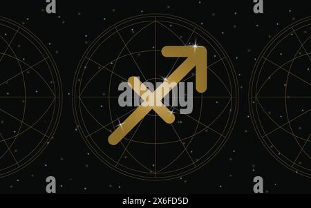 Sagittarius Horoscope Symbol, Astrology Icon, Sagittarius is the ninth astrological sign. with stars and galaxy background Stock Vector