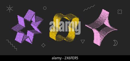 Bitmap textured shape set. Dither halftone objects collection. Colorful 3d flower, star, diamond elements for banner, poster, leaflet. Abstract pixelated raster effect bundle. Vector pack Stock Vector