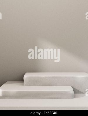 Grey rectangle pedestal or stairs for showcasing products against the grey wall with daylight shadow. a modern loft backdrop with copy space. 3d rende Stock Photo