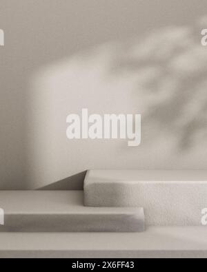 Grey rectangle pedestal or stairs for showcasing products against the grey wall with daylight and tree shadow. a modern loft backdrop with copy space. Stock Photo