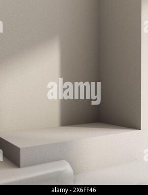 Grey rectangle pedestal or stairs for showcasing products against the grey wall with daylight shadow. a modern loft backdrop with copy space. 3d rende Stock Photo