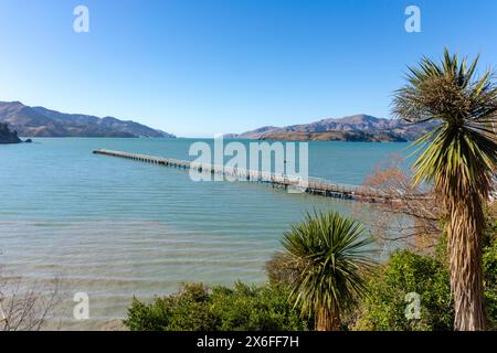 Historic Governors Bay Jetty, Jetty Road, Governors Bay, Lyttelton Harbour, Banks Peninsula, Canterbury, New Zealand Stock Photo