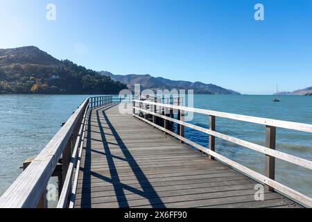 Historic Governors Bay Jetty, Jetty Road, Governors Bay, Lyttelton Harbour, Banks Peninsula, Canterbury, New Zealand Stock Photo