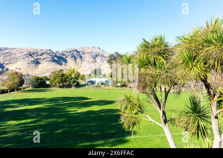 Diamond Harbour Rugby Club ground, Waipapa Avenue, Diamond Harbour, Lyttelton Harbour, Banks Peninsula, Canterbury, New Zealand Stock Photo