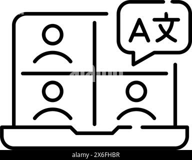 Laptop with people on group call with multilingual language. Learning group or global virtual discussion. Pixel perfect, editable stroke vector icon Stock Vector