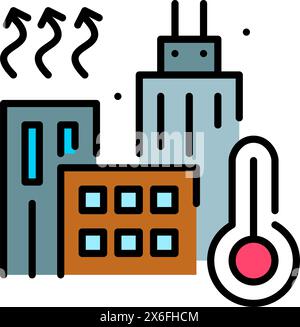Urban heat. City skyline, heat and red thermometer for high temperatures. Pixel perfect, editable stroke vector icon Stock Vector