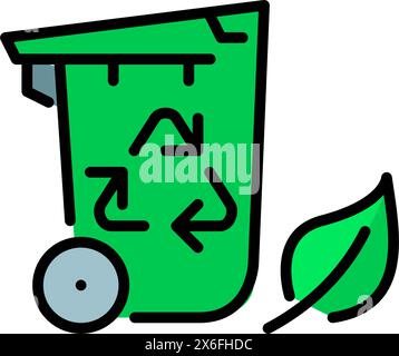 Rolling trash can with recycling symbol and green leaf. Environmental conservation. Pixel perfect, editable stroke vector icon Stock Vector