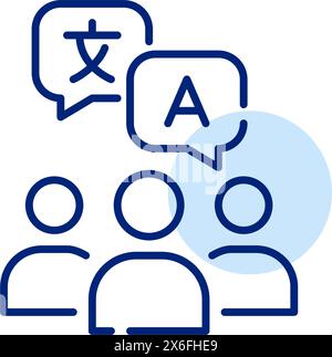 Group of people and languages speech bubbles. Multilingual community, global teamwork. Pixel perfect, editable stroke vector icon Stock Vector