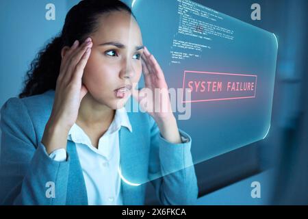 Woman, hologram screen and office with system fail, night and stress with programming, 404 and glitch. Person, developer and information technology Stock Photo
