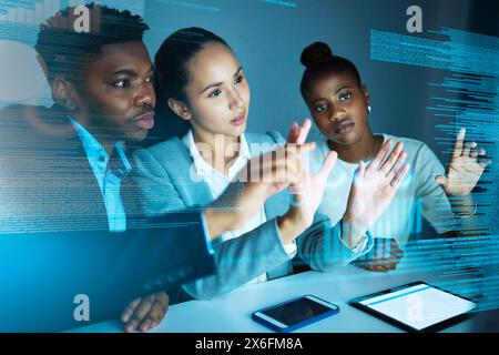 Business people, chart and hologram in office for coding, graphs and digital analysis. Stock market research, data analytics and software information Stock Photo