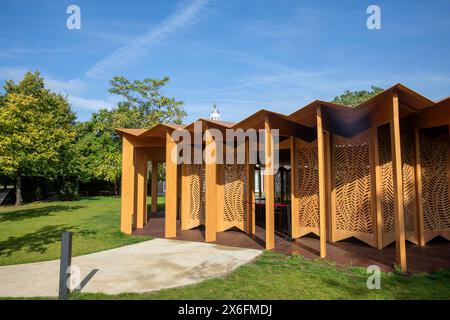 Serpentine Gallery Pavilion 2023 designed by Lina Ghotmeh, exterior view in Hyde Park London, autumn 2023,England,UK Stock Photo