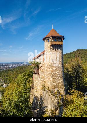 Arlesheim, Switzerland - September 25.2023: Aerial view of Reichenstein Castle - a high medieval spur castle in Basel-Land.  It is a Swiss heritage si Stock Photo