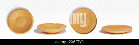 3d wood plate top view. Wooden round food bowl. Empty circular serving bamboo texture board for picnic. Realistic dish kitchenware accessory mockup. Pizza or salad dinner eco friendly natural product Stock Vector