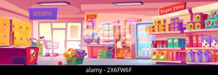 Retail shop inside with shelves row full of goods background, racks of ...