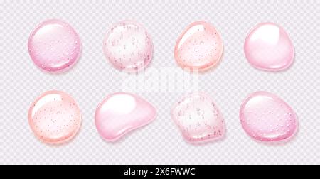 Pink gel drops set isolated on transparent background. Vector realistic illustration of abstract serum bubbles, collagen essence droplets, face skin care cosmetics swatches, moisture lotion smears Stock Vector