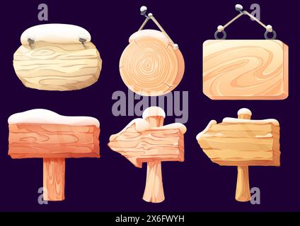 Wooden signboard covered with snow and ice for winter and Christmas design. Rectangular, round and arrow cartoon vector road sign with wood texture. Snowy brown blank board and banner for text. Stock Vector