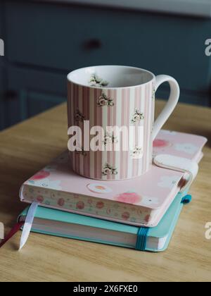 Vertical close-up shot of a cute mug resting on two notebooks on the kitchen table - all in pastel colours of blue, turquoise and pink. Stock Photo