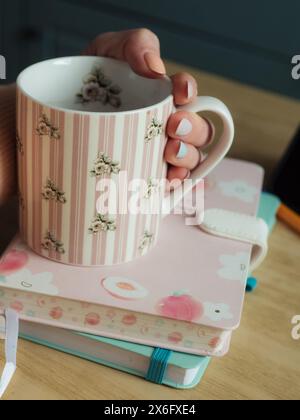 Horizontal close-up shot of woman’s hands embracing a cute mug resting on two notebooks - all in pastel colours of blue, peach and pink. Stock Photo