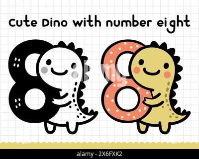 Cute doodle dinosaur with number eight for preschoolers. Vector illustration. Stock Vector