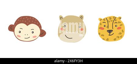 African animals faces set. Cute doodle animal portraits. Hand drawn characters. Tropical and jungle cartoon heads of monkey, hippo and leopard. Wild a Stock Vector
