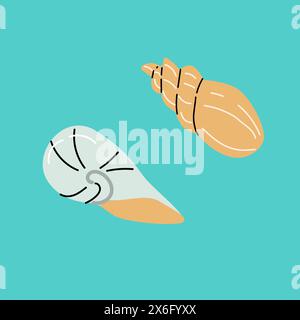 Set of seashells on blue background. Flat cartoon illustration. Summer vacation collection, tropical beach shells. Stock Vector