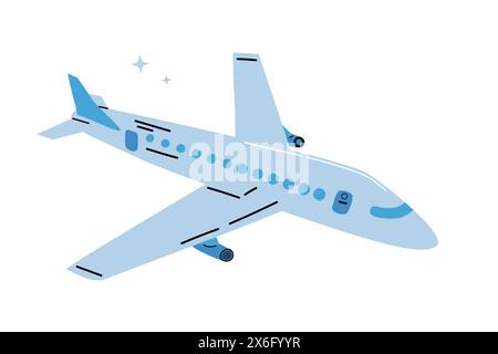 Passenger plane in flight on white background. Vector illustration of airplane in blue color Stock Vector