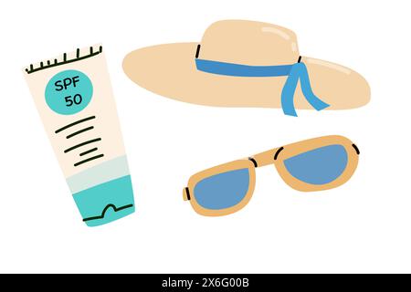 Skin protection set - hat, sunglasses and sunscreen cream. Can used for cosmetic banner or summer vacation background. Stock Vector
