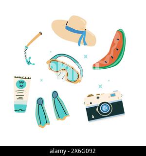 Summer vacation journey elements on blue background. Resort on beach concept design. Camera and protect accessories. Stock Vector