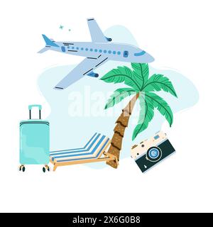 Summer vacation plane and journey elements on blue background. Resort on beach. Camera and suitcase. Stock Vector